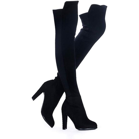 Women’s Faux Suede Over The Knee Thigh High Boots, Chunky Heel, Stretch Fit - Picture 1 of 5